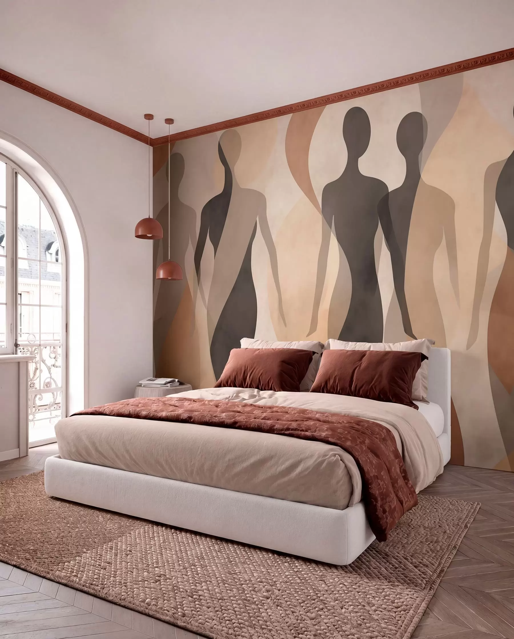 murales Siluetas y suaves ondas en cálidos tonos beige grisáceos w04787