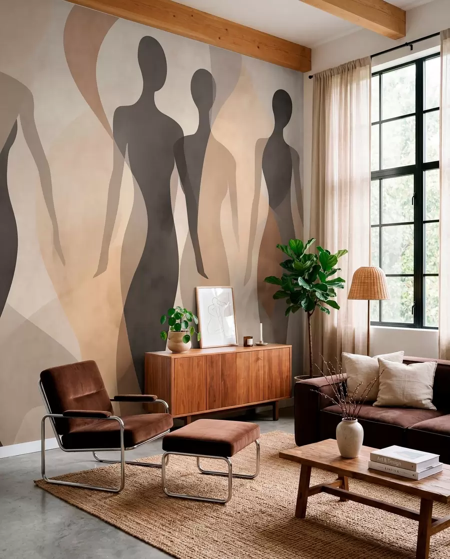 Wall Mural Photo Wallpaper Silhouetted figures and soft waves in warm beige-gray tones w04787
