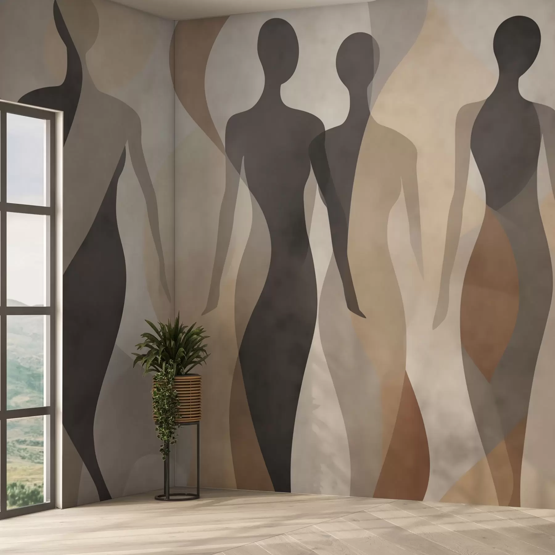 wall murals Silhouetted figures and soft waves in warm beige-gray tones w04787