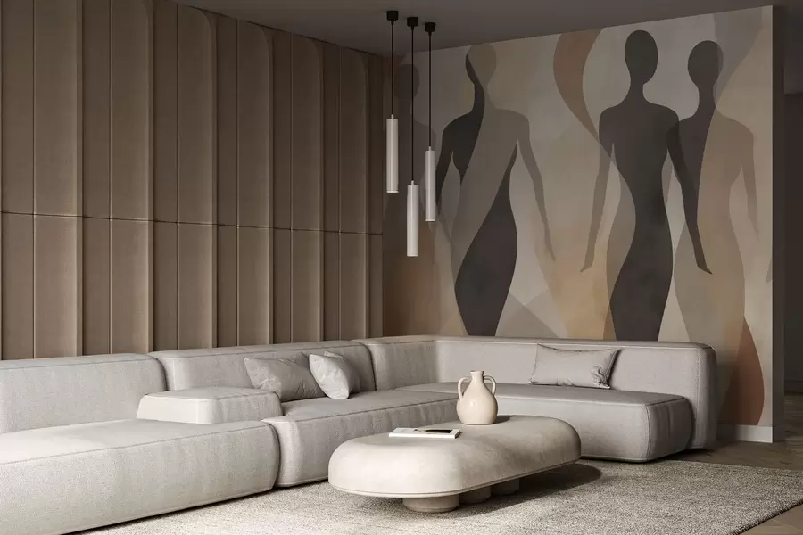 murales Siluetas y suaves ondas en cálidos tonos beige grisáceos w04787