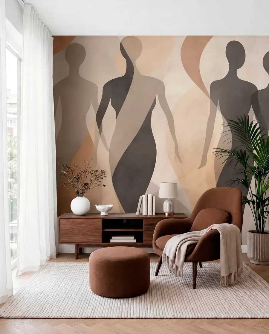 murales Siluetas y suaves ondas en cálidos tonos beige grisáceos w04787