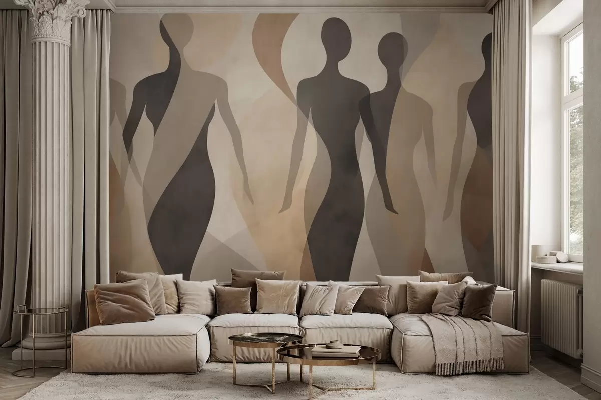 wall murals Silhouetted figures and soft waves in warm beige-gray tones w04787