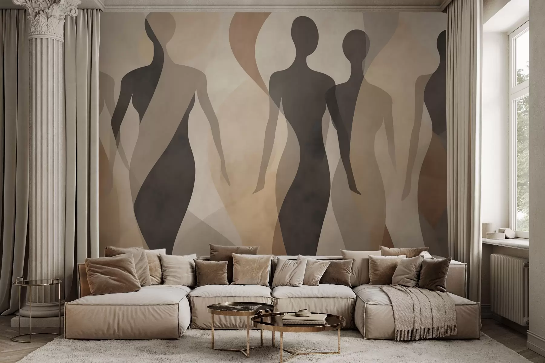 Wall Mural Photo Wallpaper Silhouetted figures and soft waves in warm beige-gray tones w04787