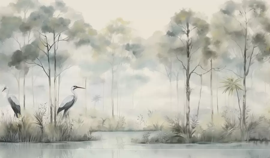 Wall Mural Photo Wallpaper Misty forest by the water with herons, soft cool palette w04788