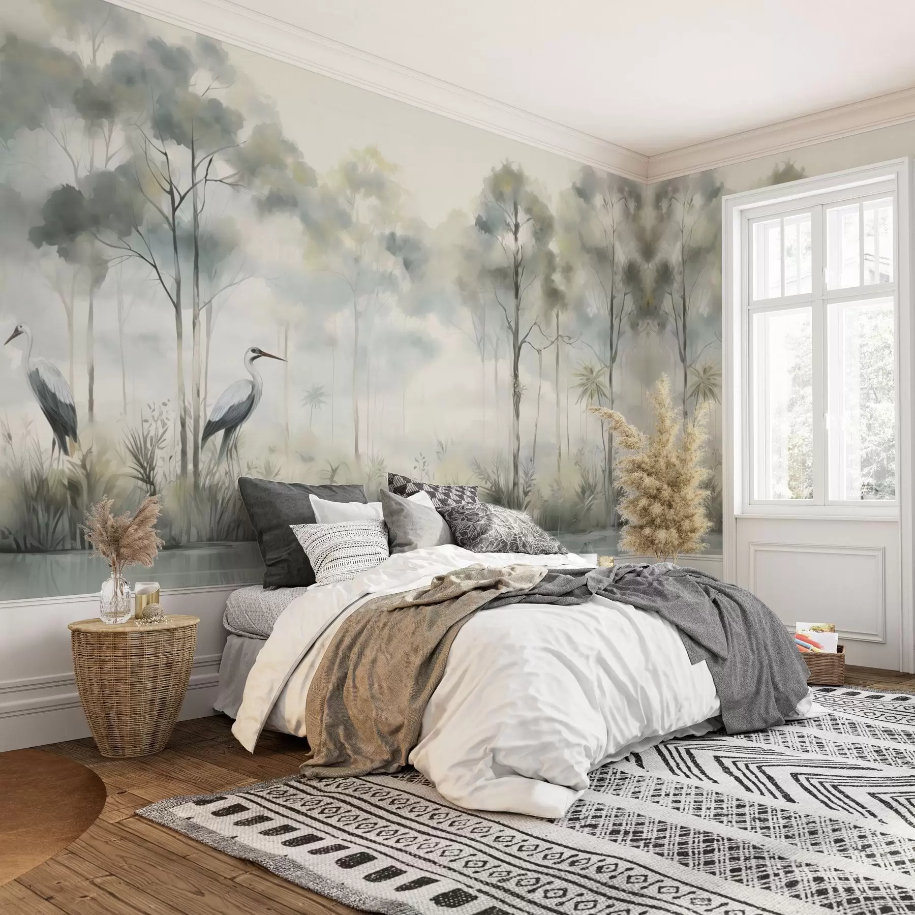 Wall Mural Photo Wallpaper Misty forest by the water with herons, soft cool palette w04788