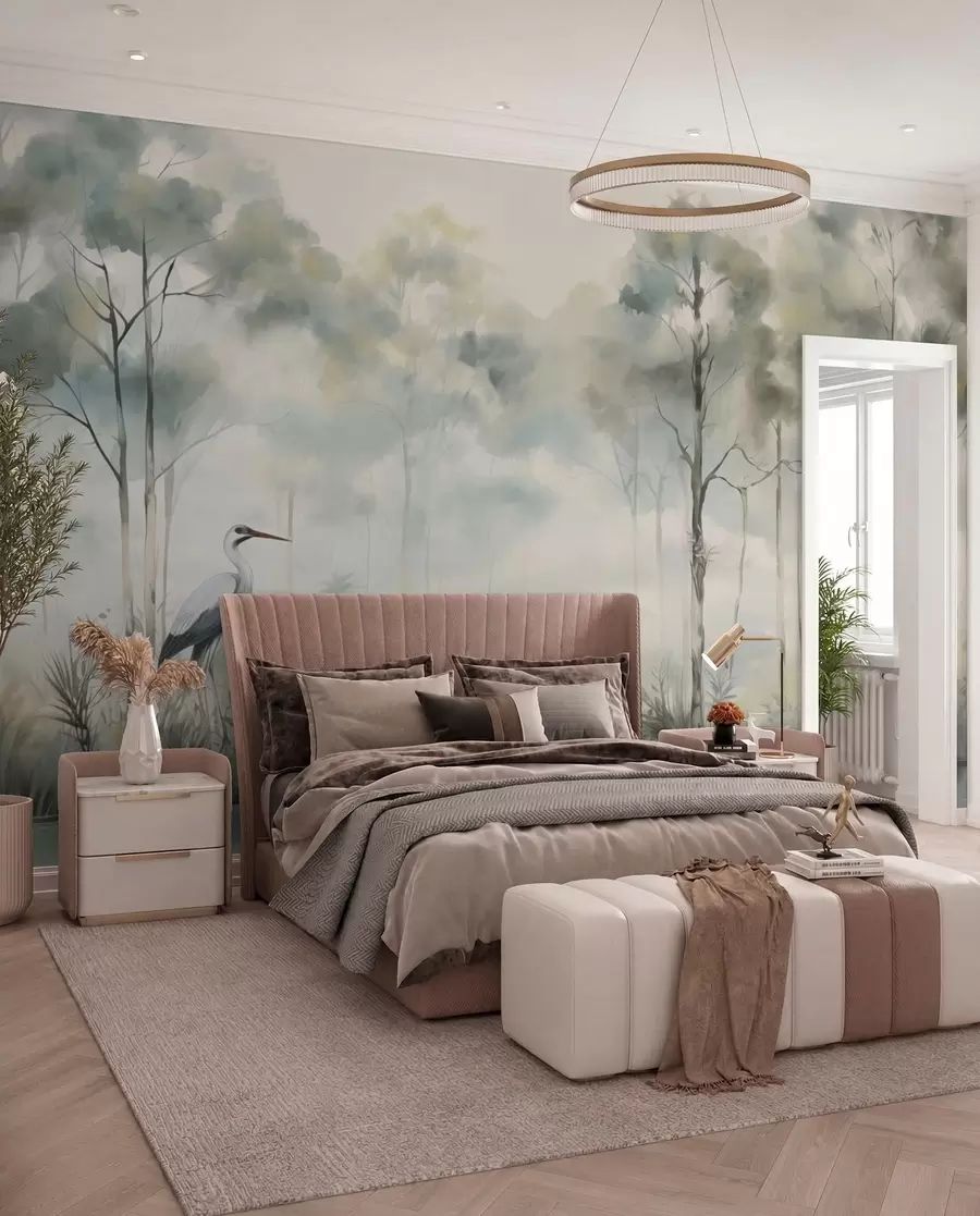 Wall Mural Photo Wallpaper Misty forest by the water with herons, soft cool palette w04788