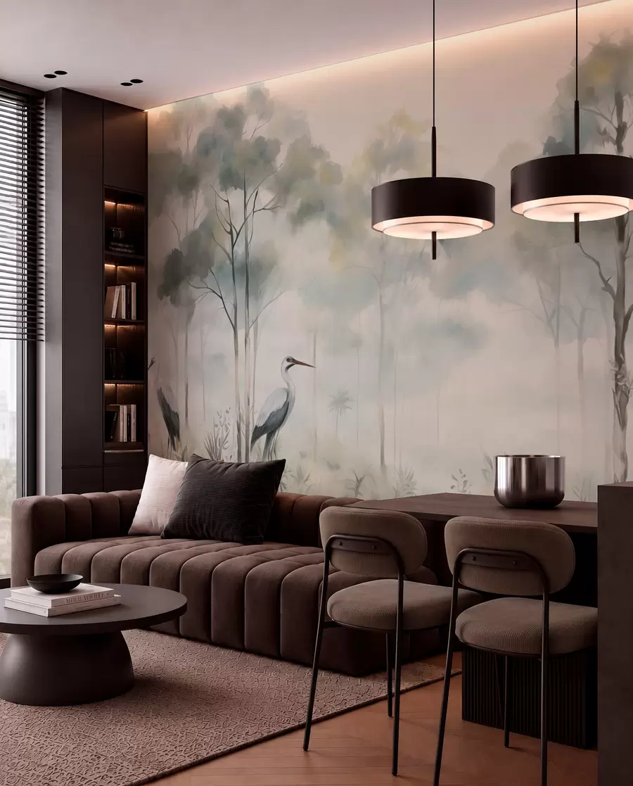 Wall Mural Photo Wallpaper Misty forest by the water with herons, soft cool palette w04788
