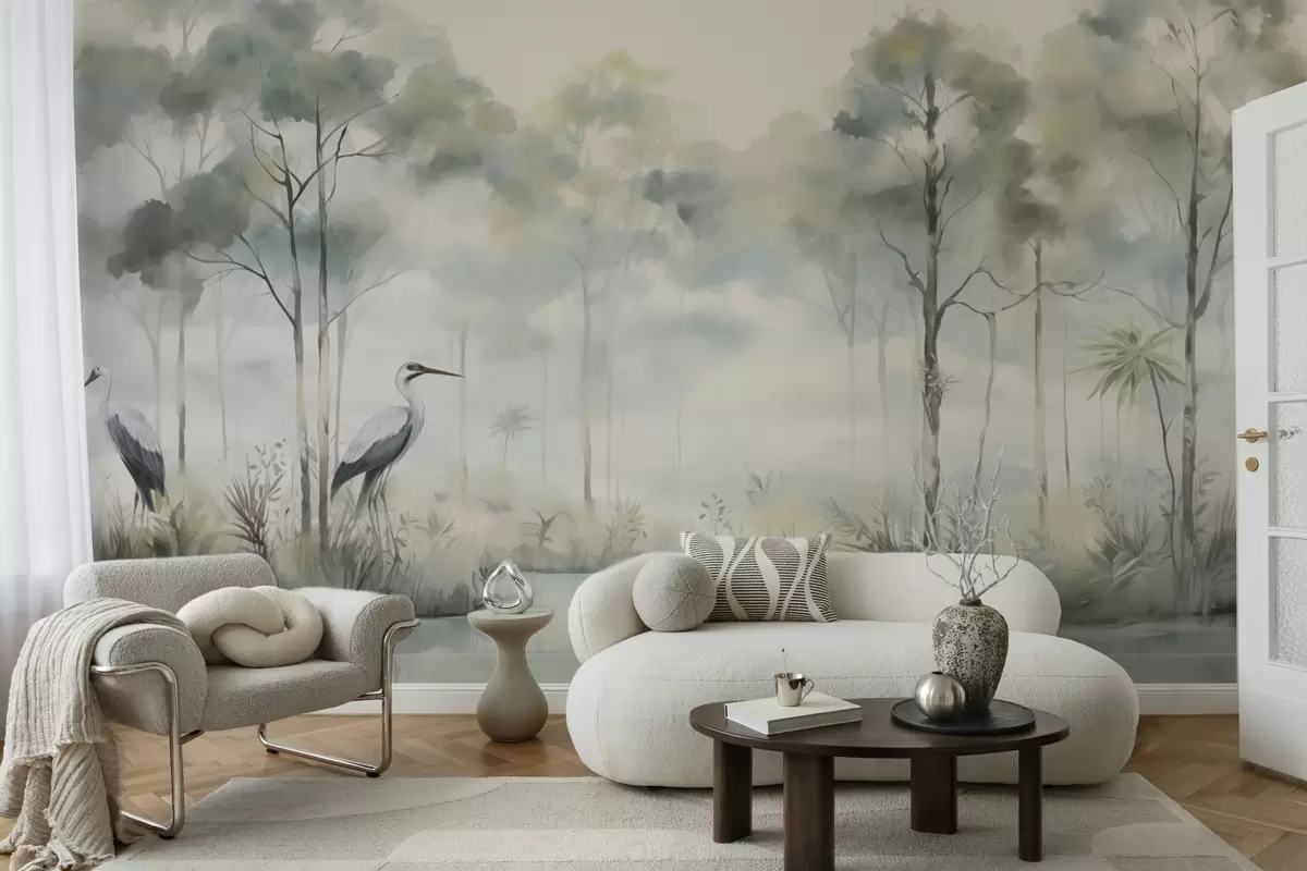 wall murals Misty forest by the water with herons, soft cool palette w04788