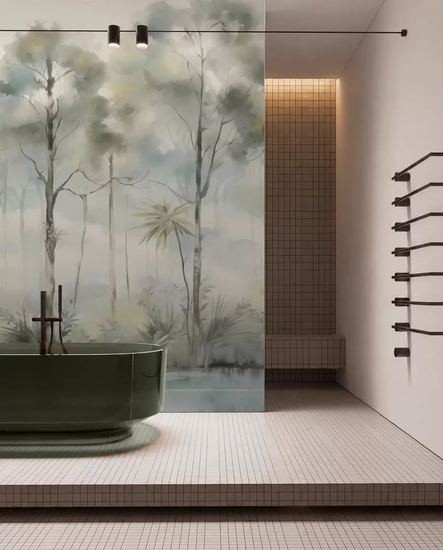 wall murals Misty forest by the water with herons, soft cool palette w04788