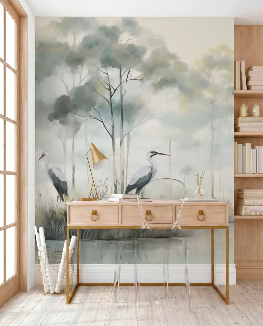 Wall Mural Photo Wallpaper Misty forest by the water with herons, soft cool palette w04788