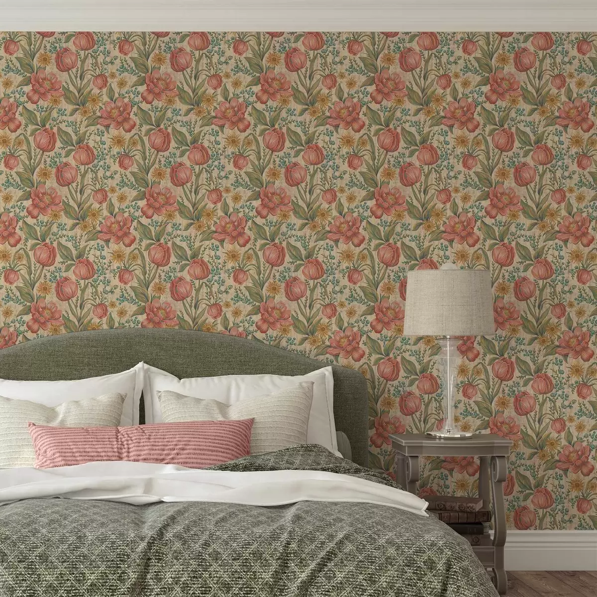 Wallpaper Vintage tulips and asters, textured cream ground a00773