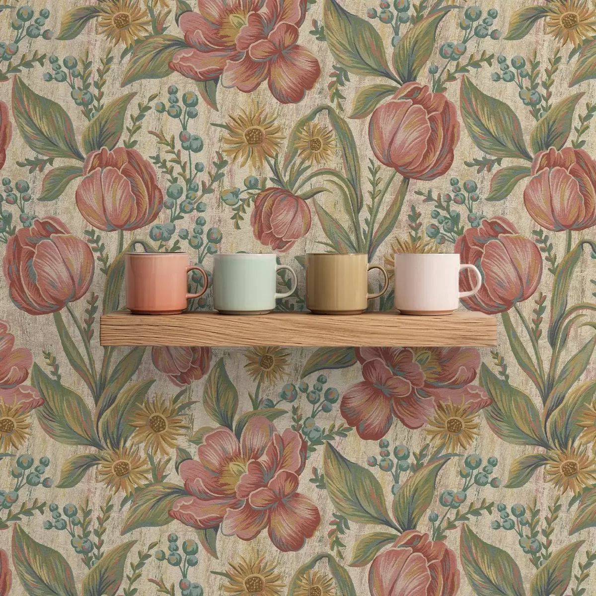 Wallpaper Vintage tulips and asters, textured cream ground a00773