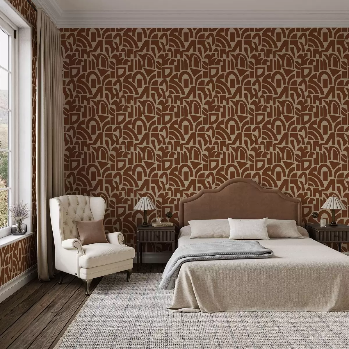 Wallpaper Terracotta geometric shapes on linen a00774