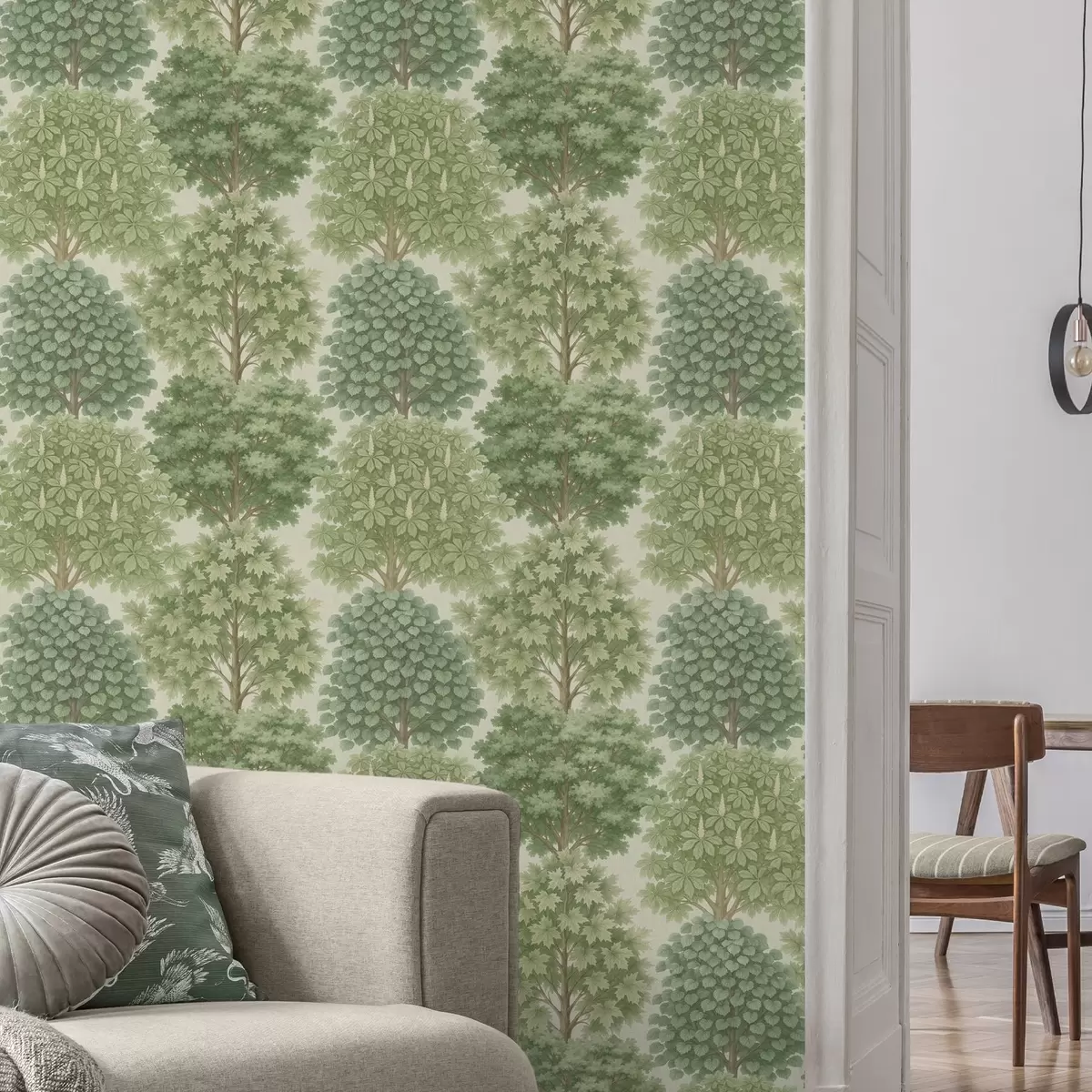 Wallpaper Tree garden in soft greens on a light ground a00775