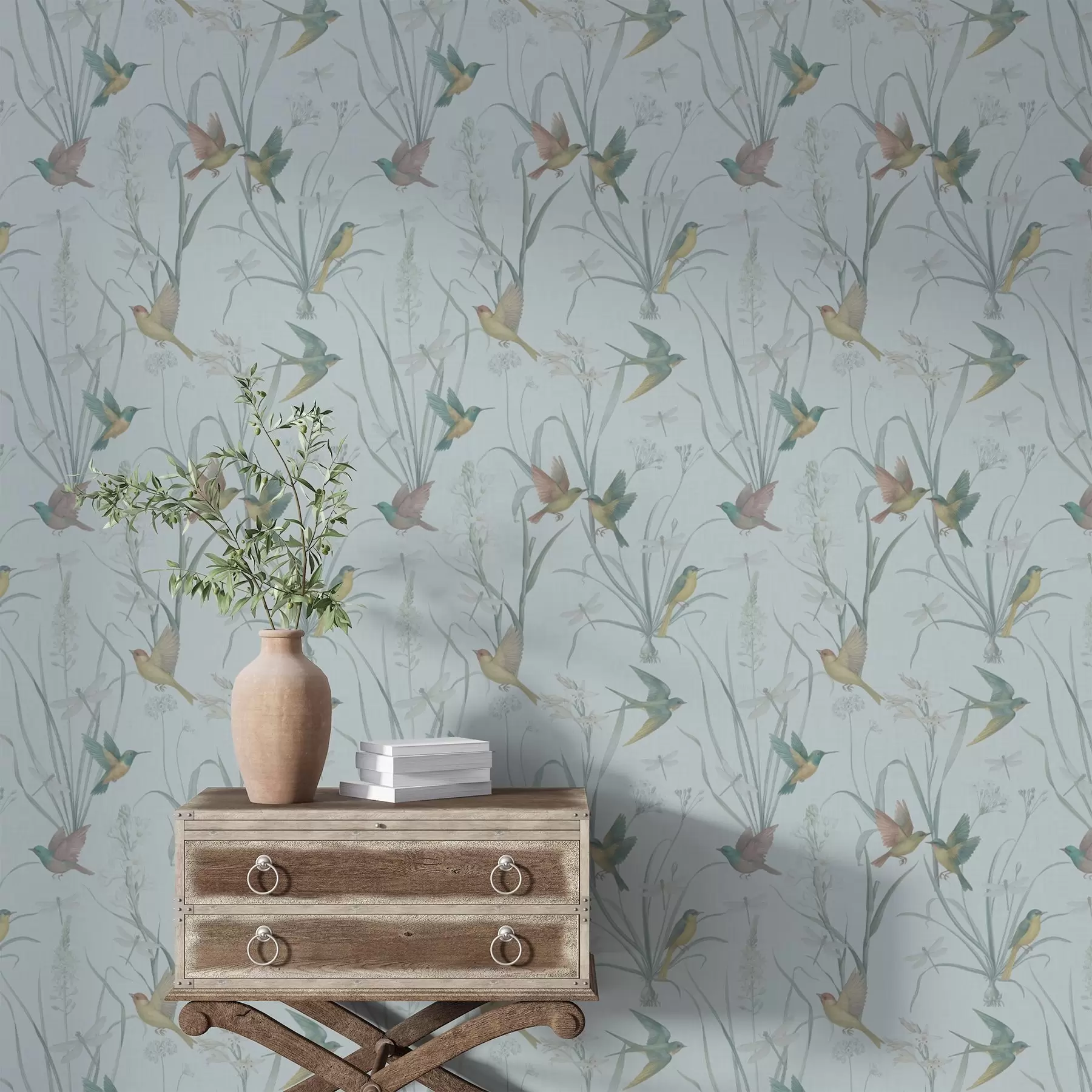 peintures murales Oiseaux parmi les herbes des prairies sur un sol gris-bleu a00776