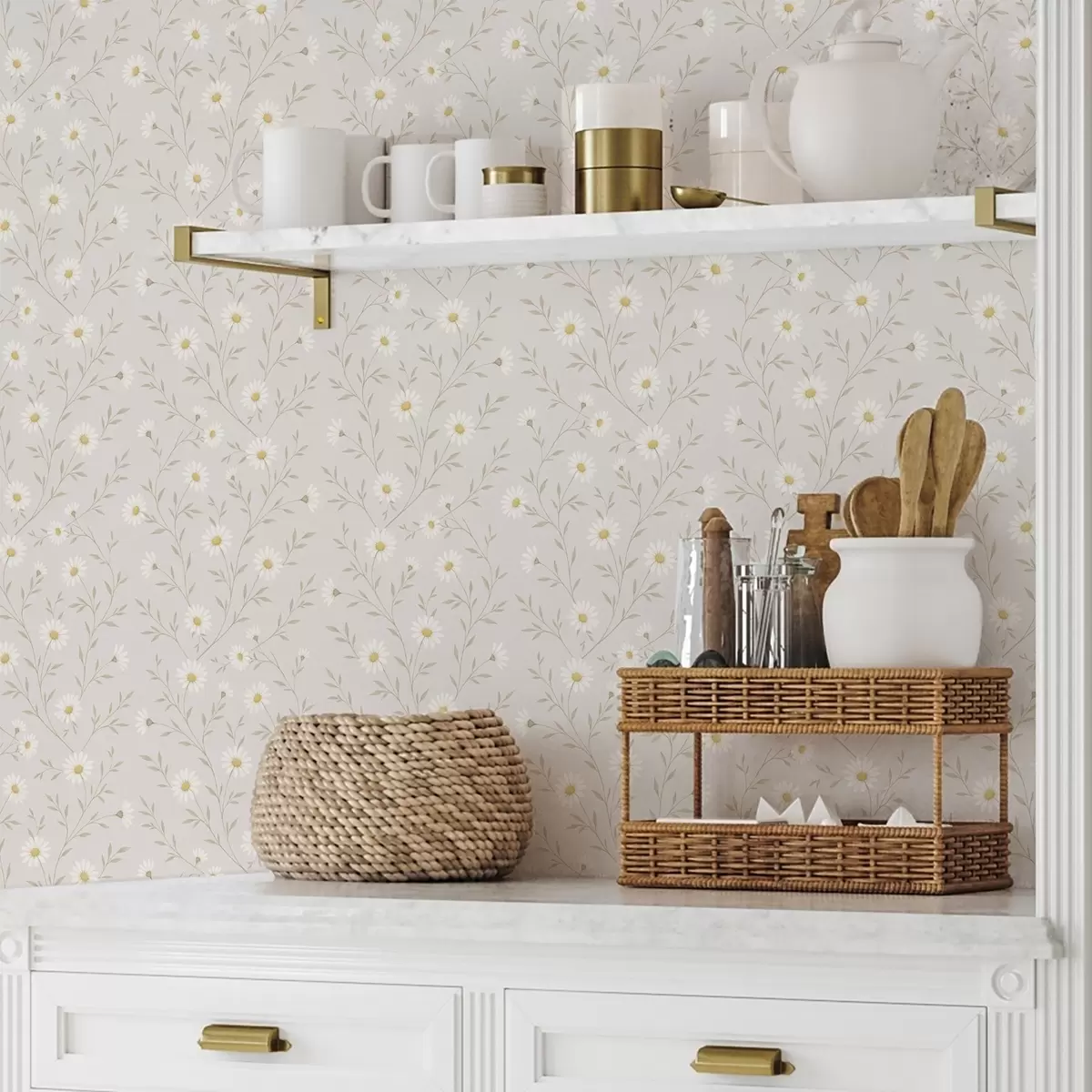 Wallpaper Tiny daisies on twigs, warm beige a00777