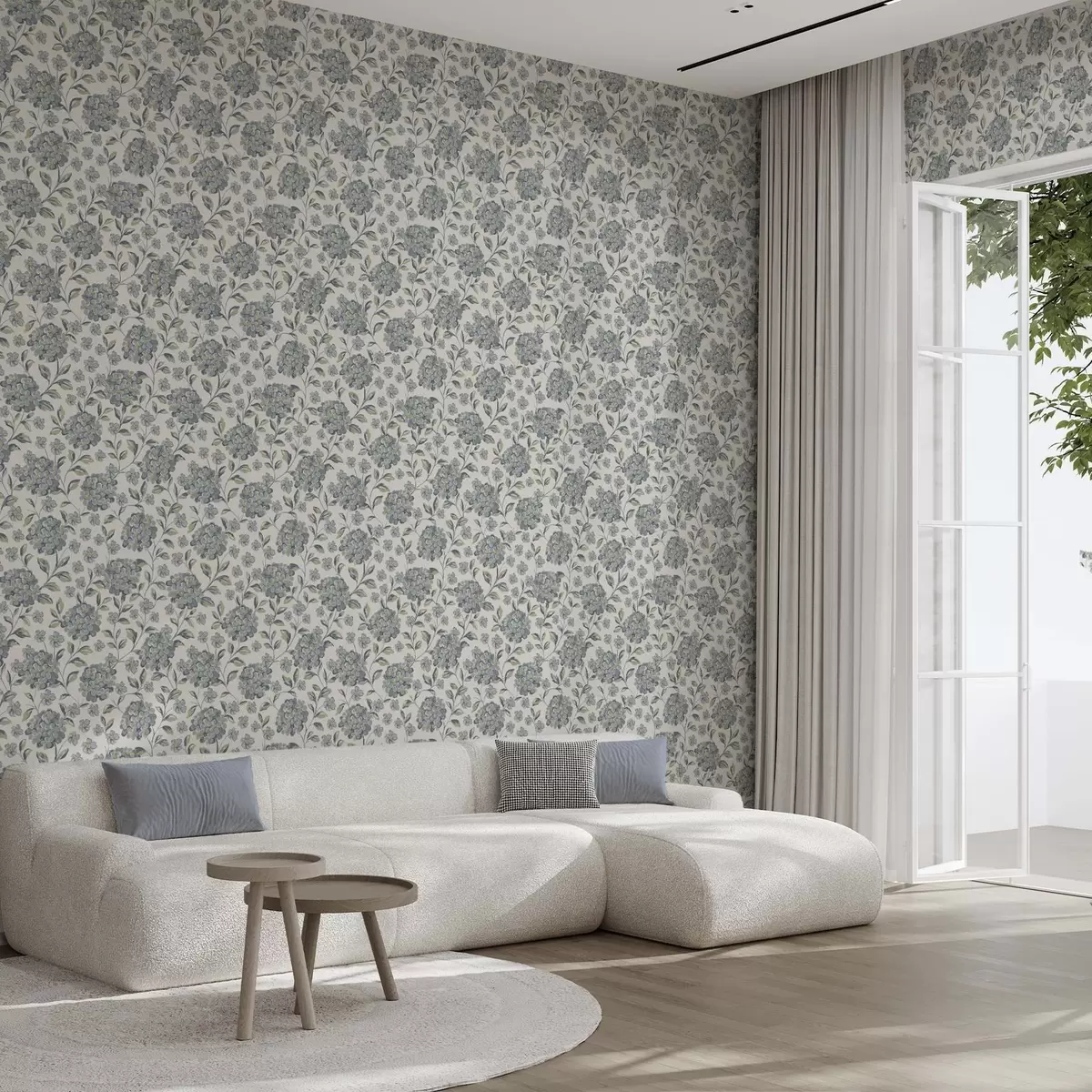 Wallpaper Brushy blossoms and leaves in a gray-blue palette a00778