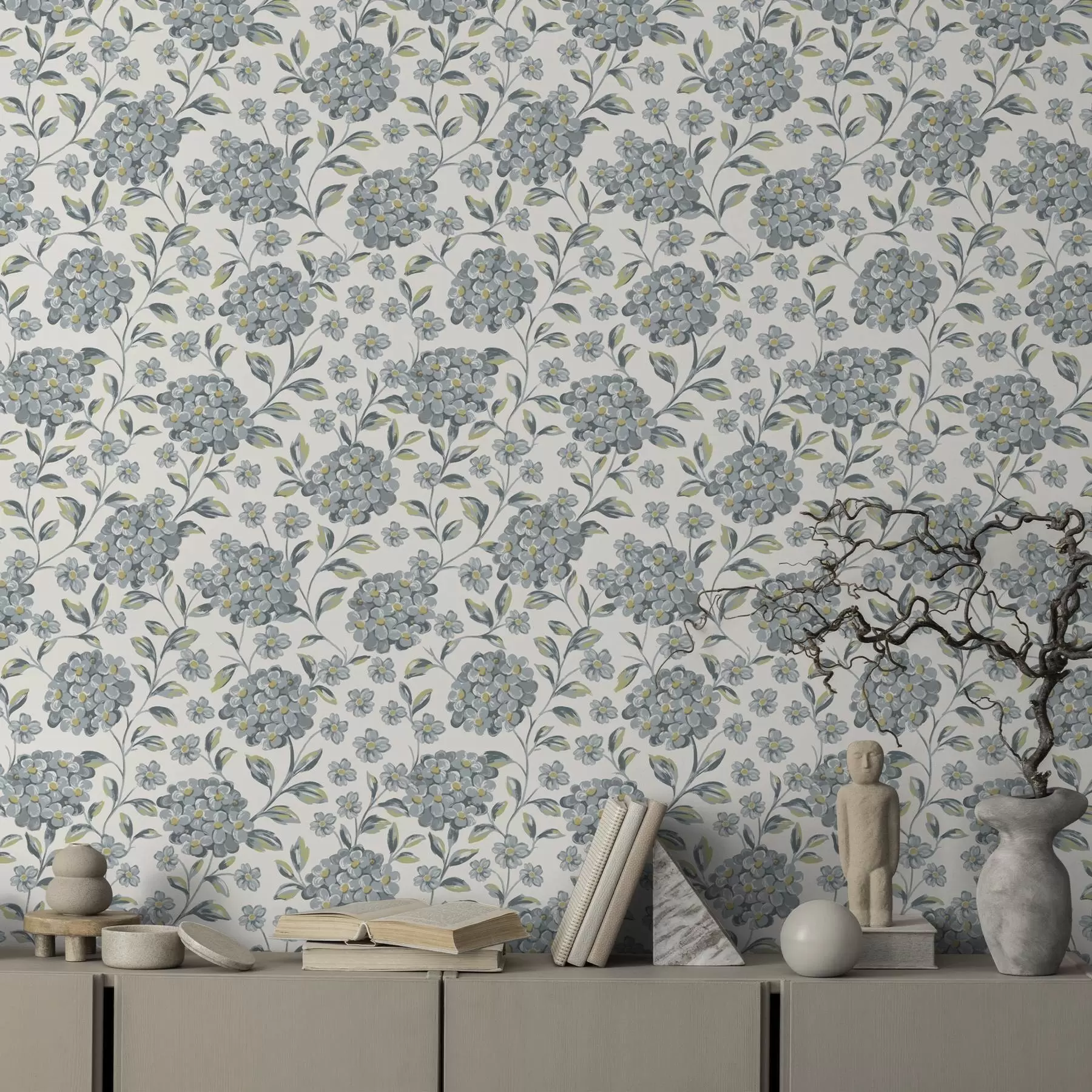Wall Mural Photo Wallpaper Brushy blossoms and leaves in a gray-blue palette a00778