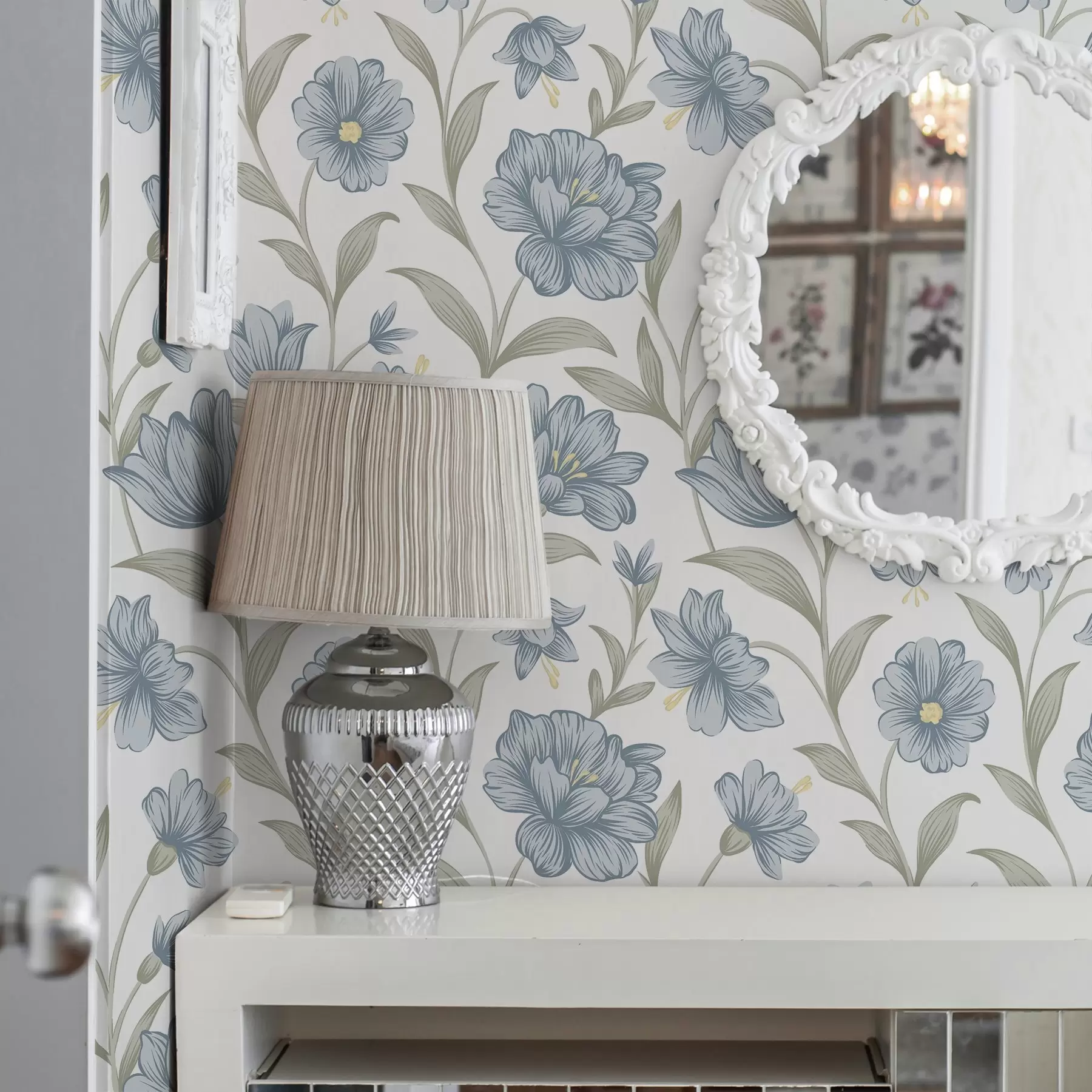 peintures murales Fleurs bleu poussiéreux avec feuilles d'olivier sur fond blanc a00780