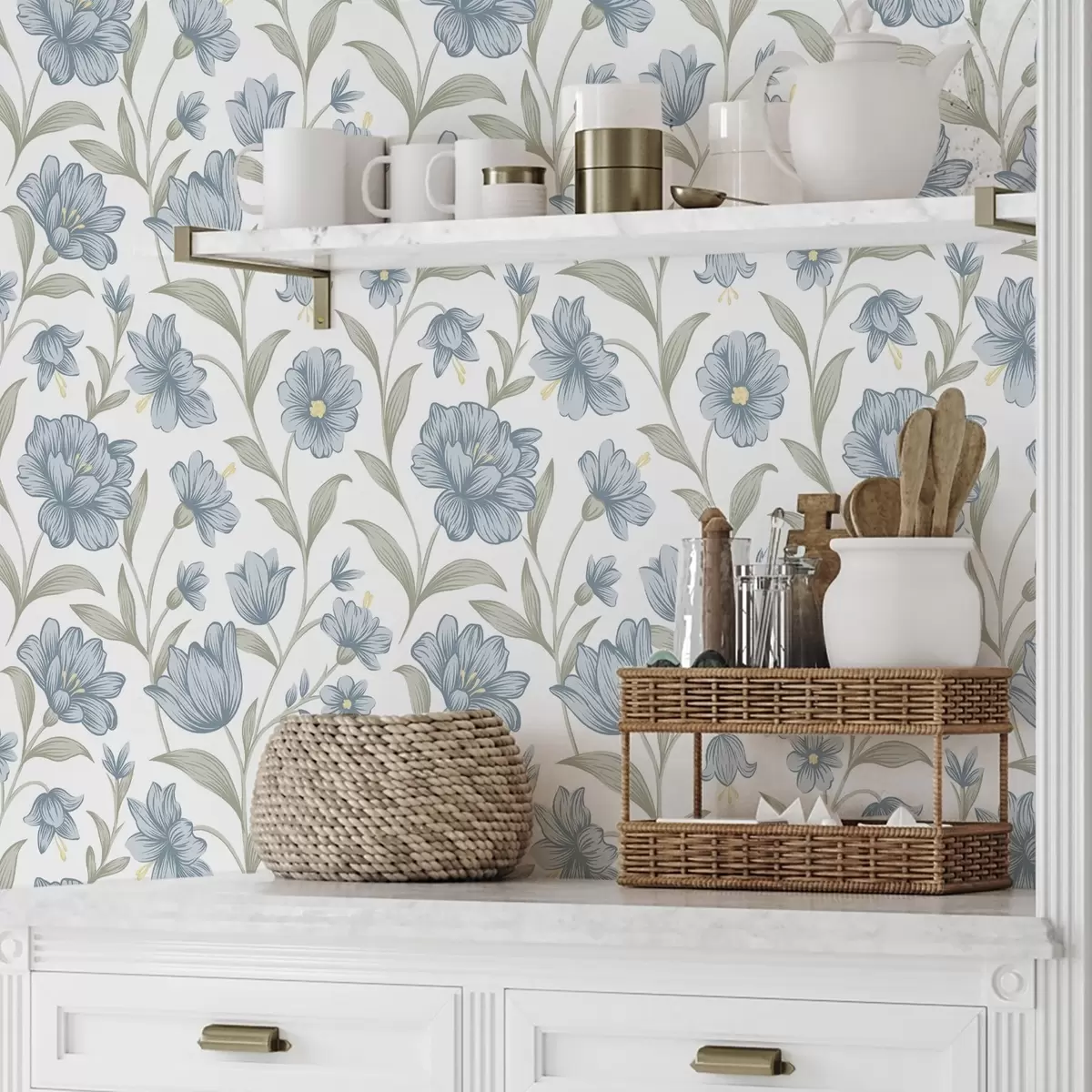 Wallpaper Dusty blue flowers with olive leaves on white a00780