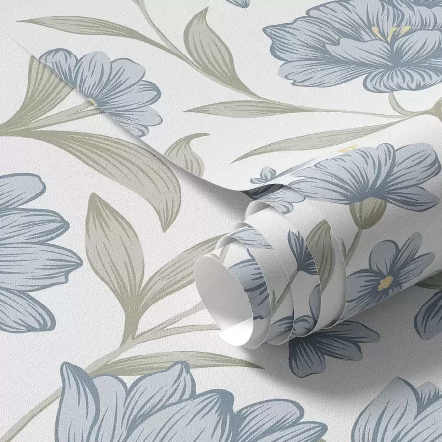 wall murals Dusty blue flowers with olive leaves on white a00780