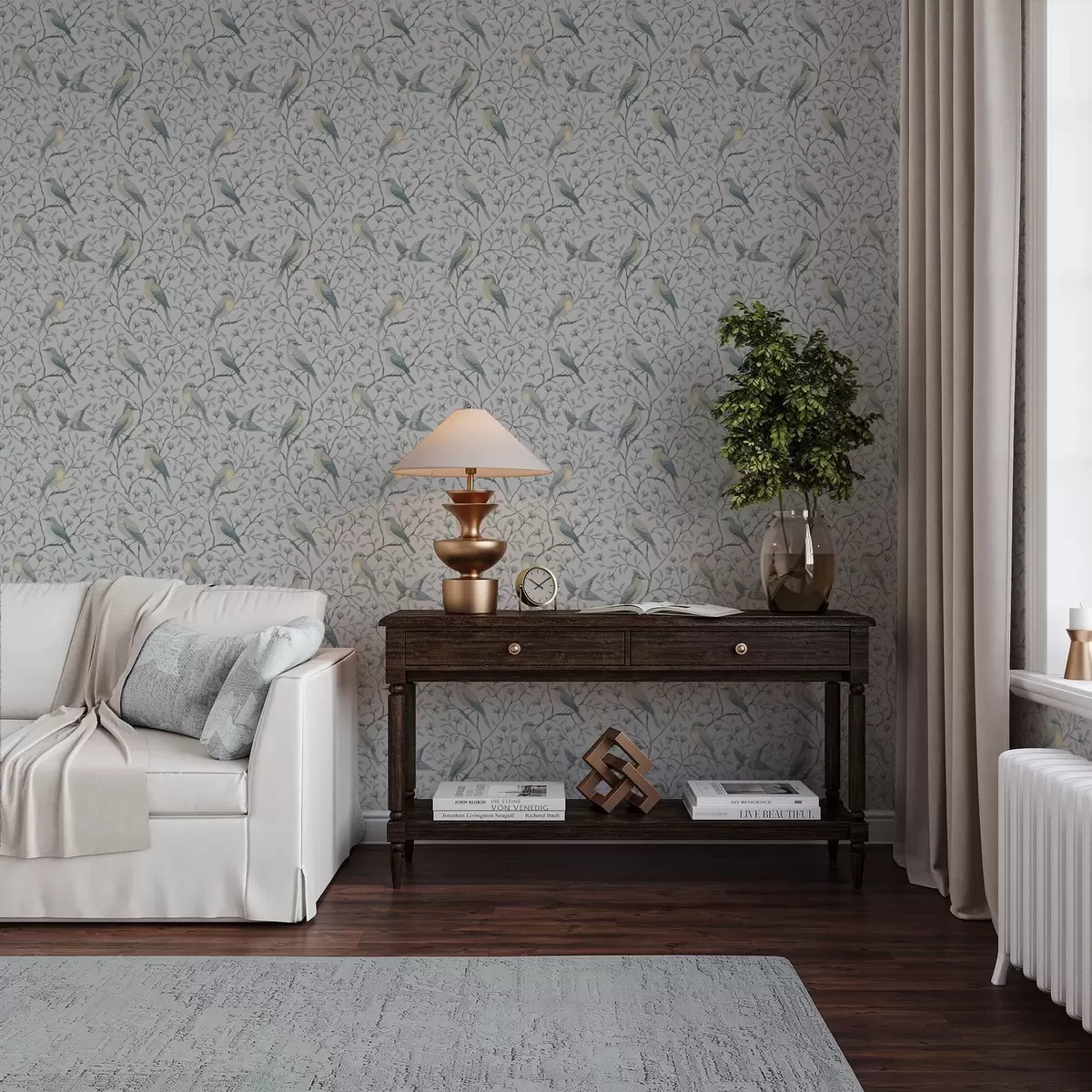 Wallpaper Birds on branches, gray-blue scheme a00782