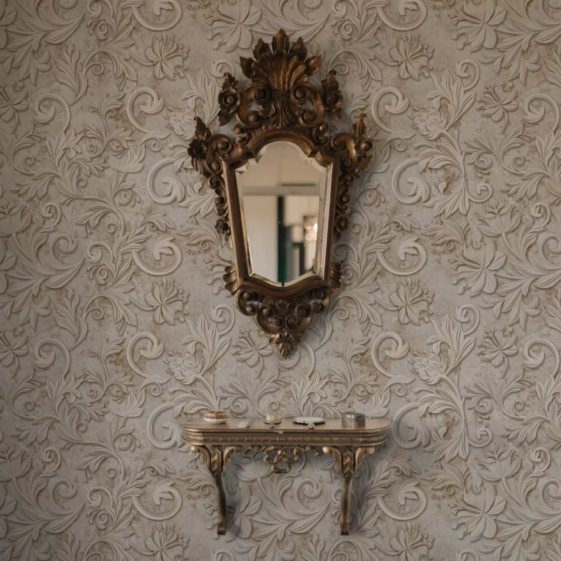 Wall Mural Photo Wallpaper Stone relief with floral scrolls, vintage beige a00784