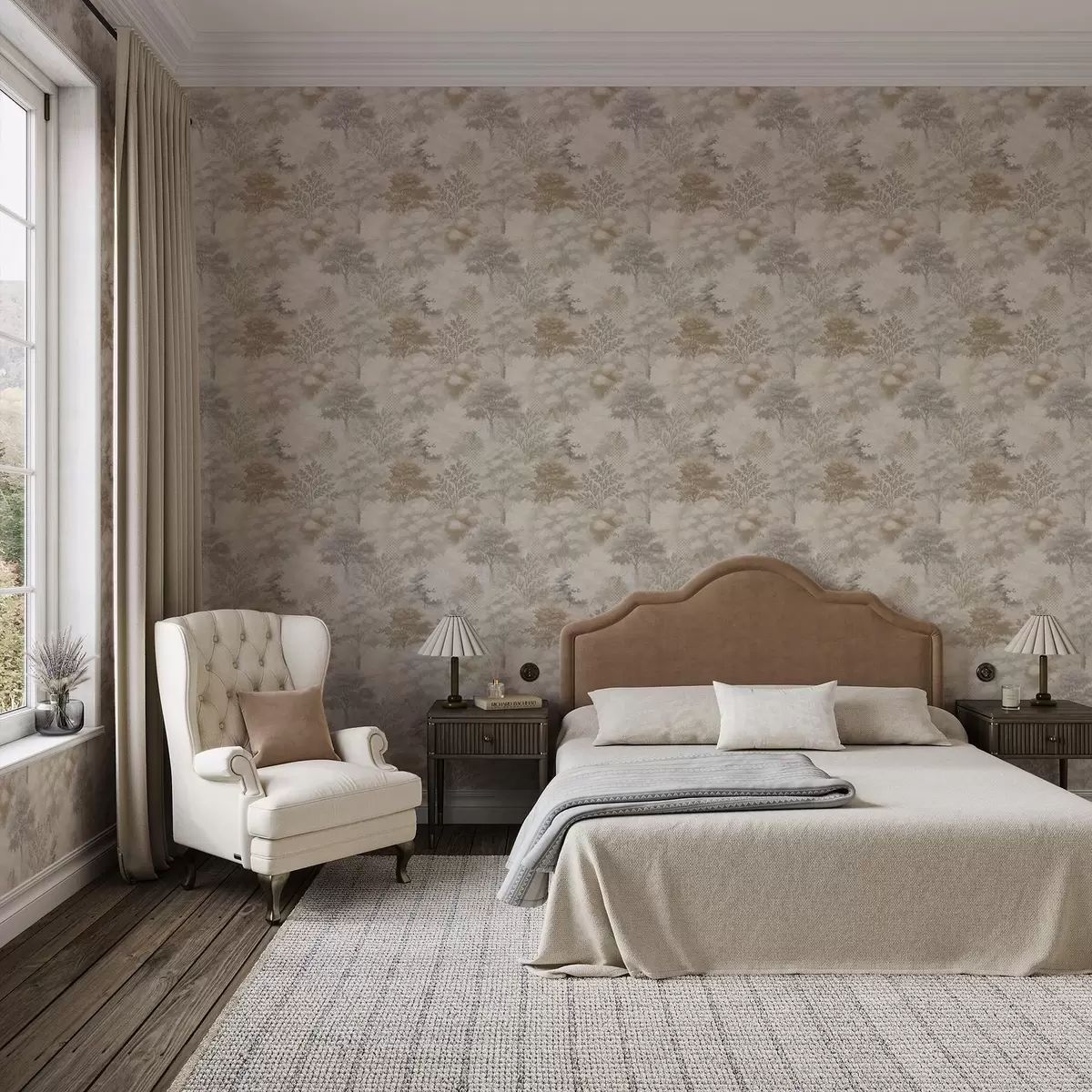 Wallpaper Gentle forest in mist, soft beige-gray tones a00785