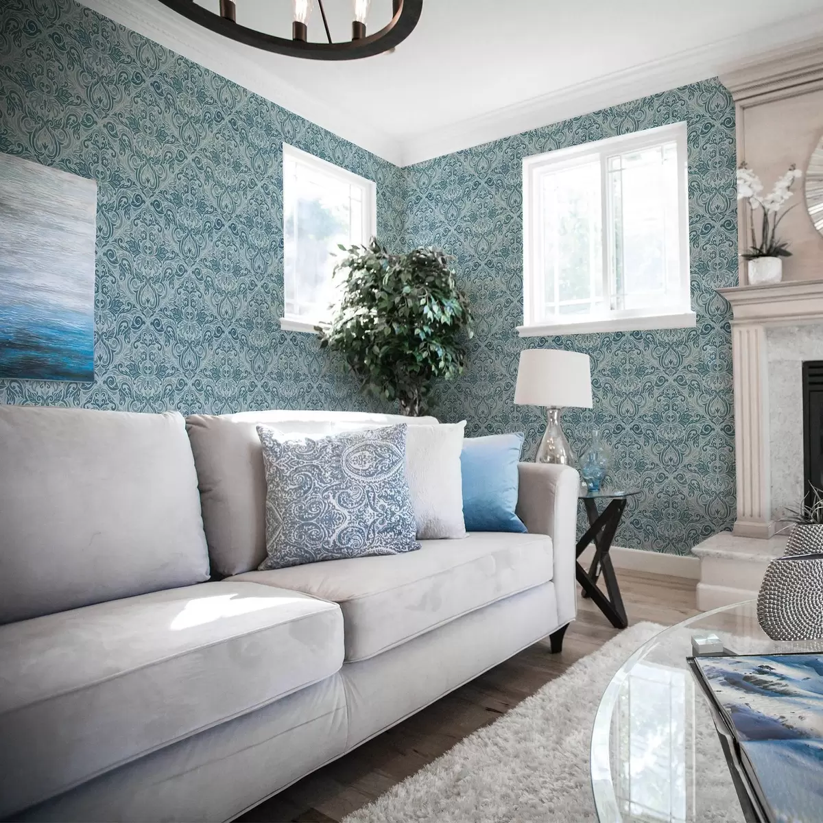 Papier peint Damassé classique, bleu foncé sur bleu clair a00826