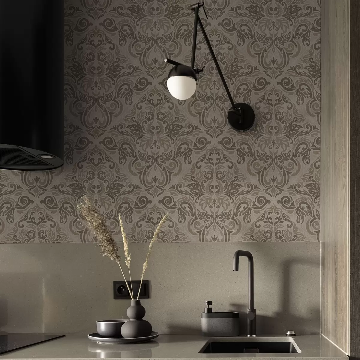 Wallpaper Damask in warm gray-brown tones on light ground a00826v3