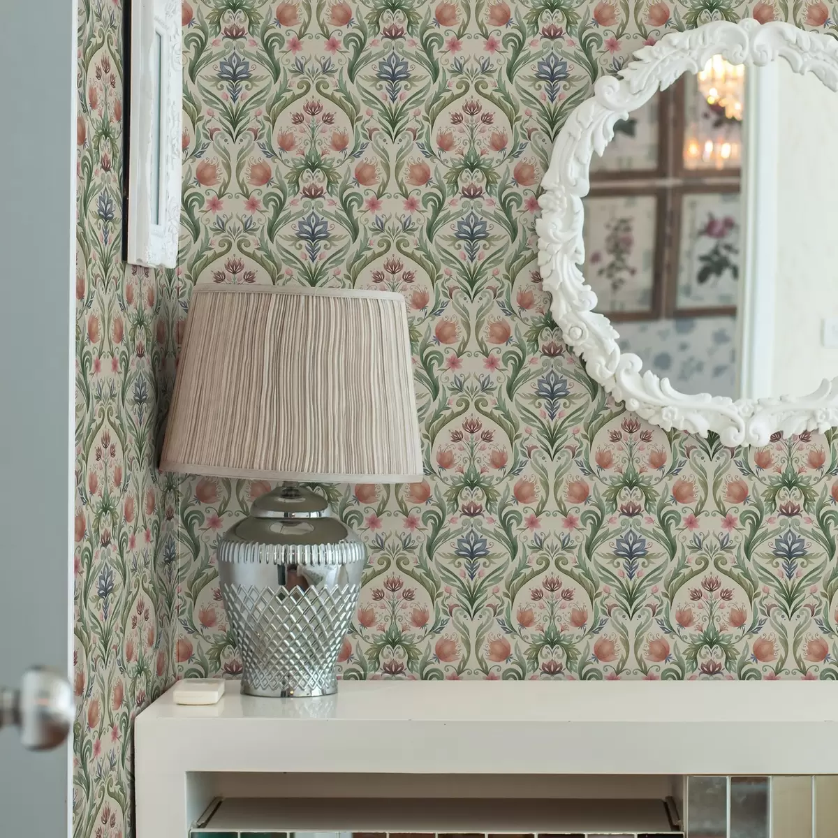 Wallpaper Symmetrical floral ornament, terracotta and green a00827