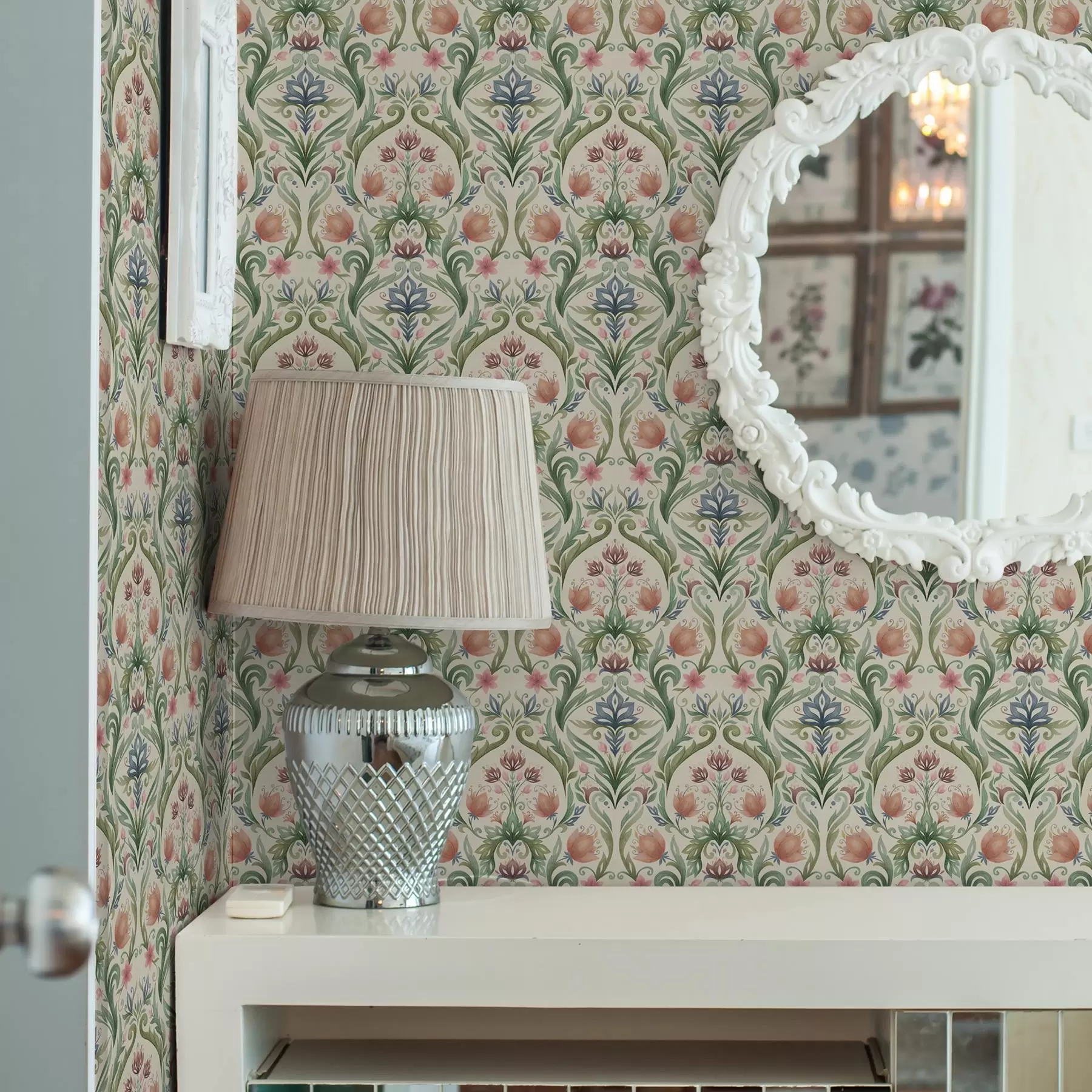 murales Adorno floral simétrico, terracota y verde a00827