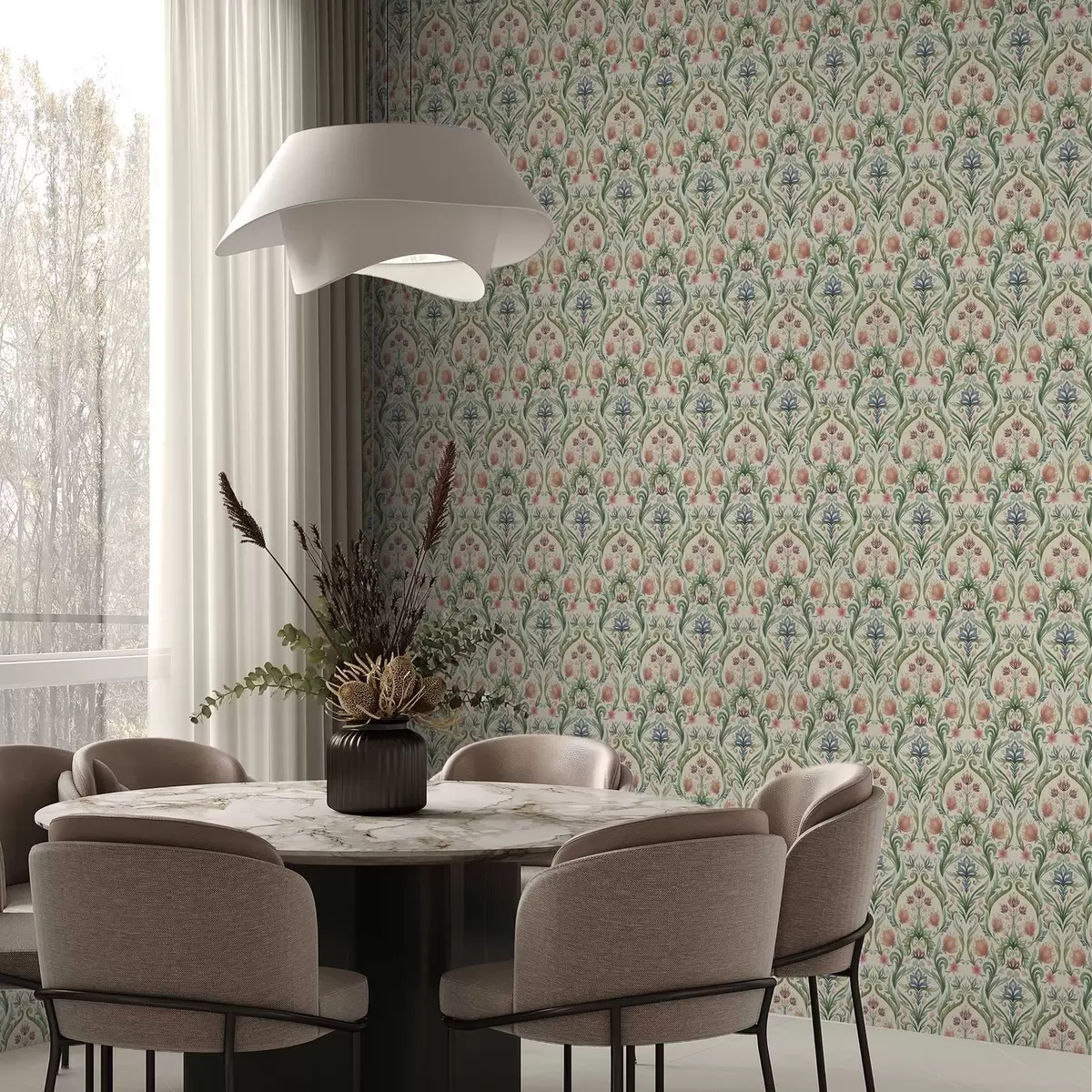 Wallpaper Symmetrical floral ornament, terracotta and green a00827