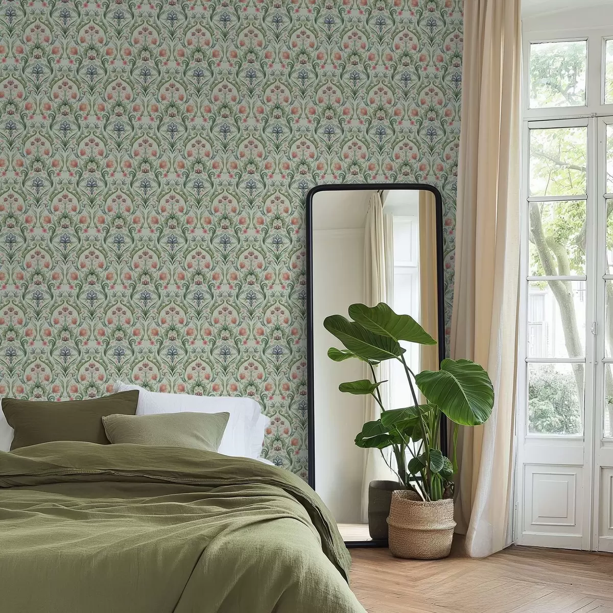 Wallpaper Symmetrical floral ornament, mint-cream palette a00827v1