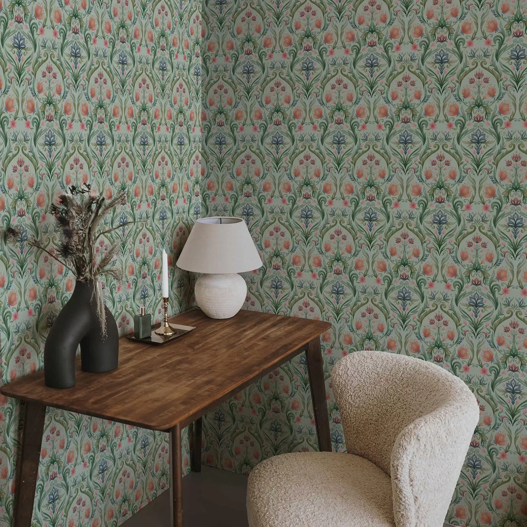 peintures murales Ornement floral symétrique, palette crème menthe a00827v1