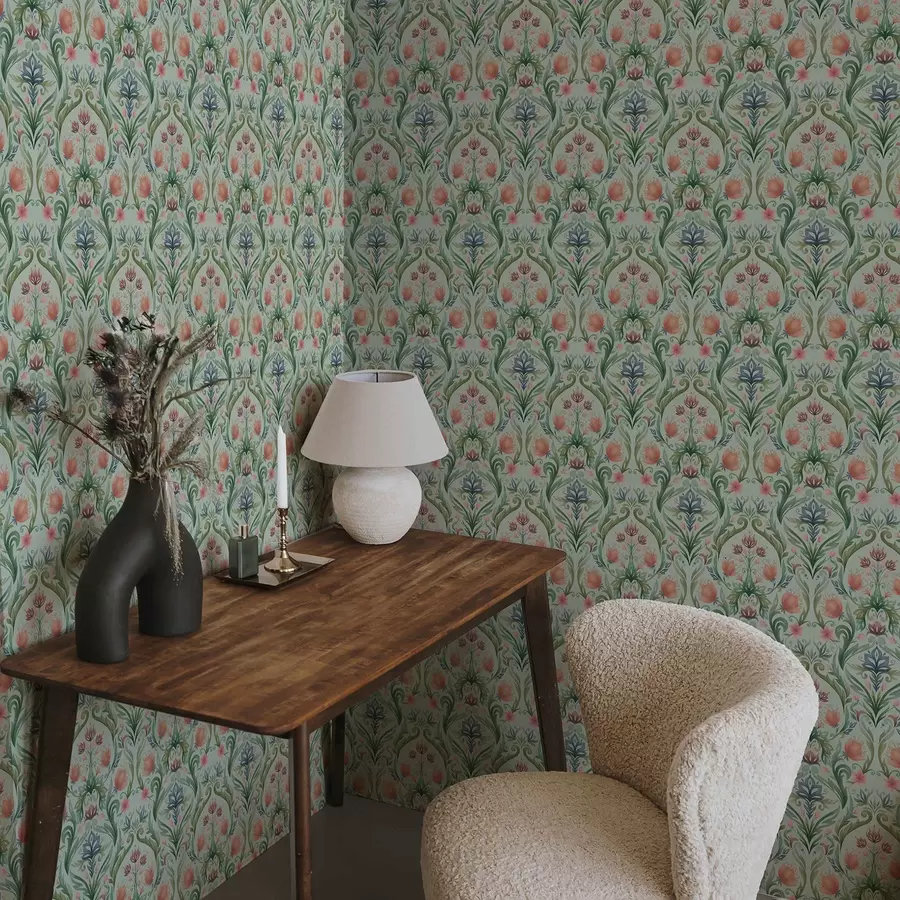 murales Adorno floral simétrico, paleta de colores menta y crema. a00827v1