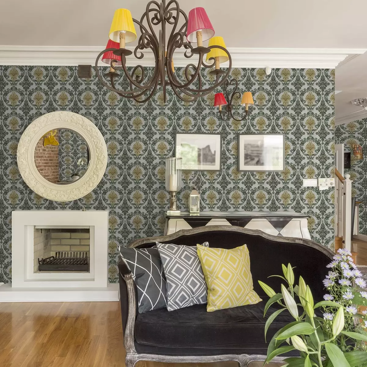 Papier peint Damas avec des volutes vertes sur fond clair a00828v1