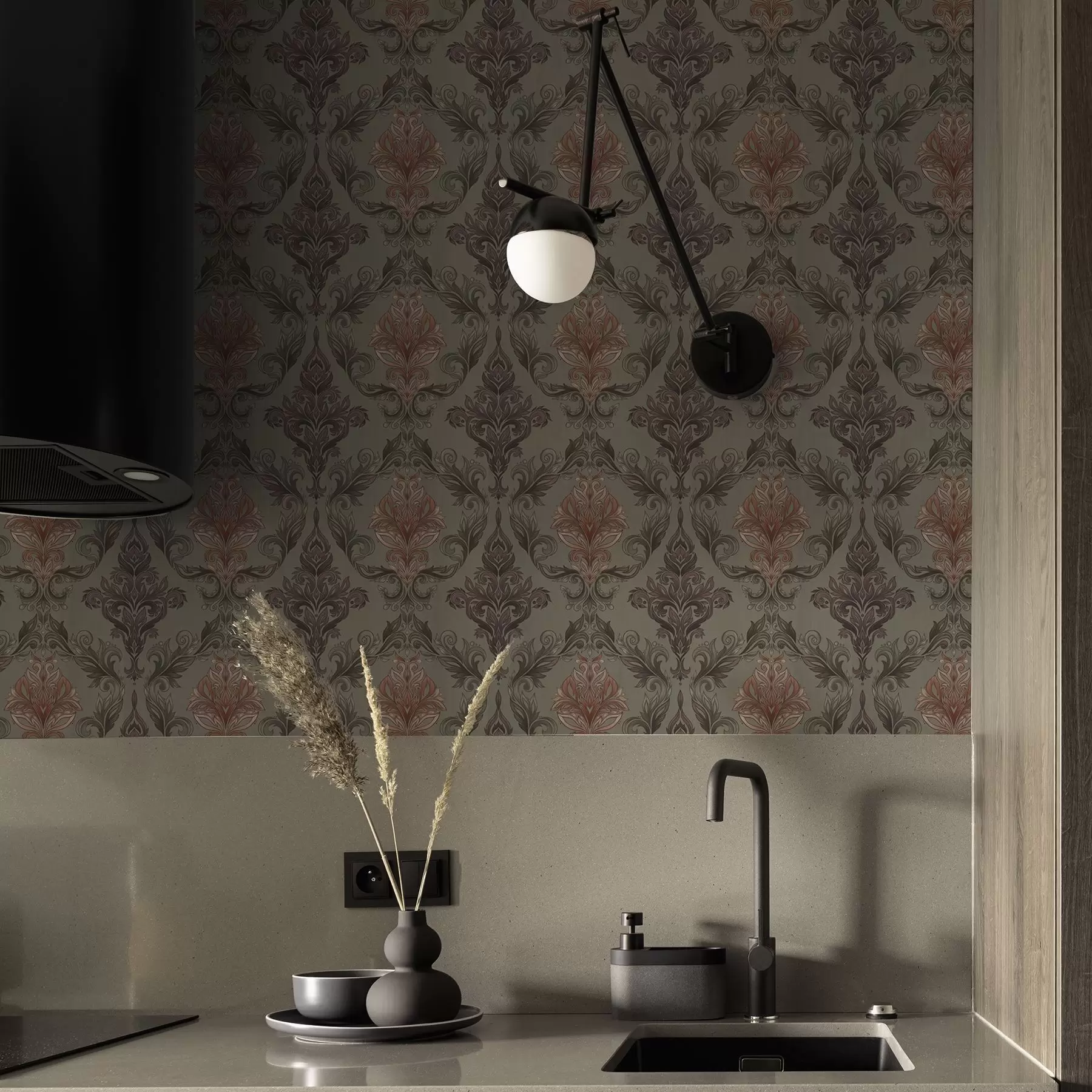 Wall Mural Photo Wallpaper Terracotta damask on muted olive ground a00828v3