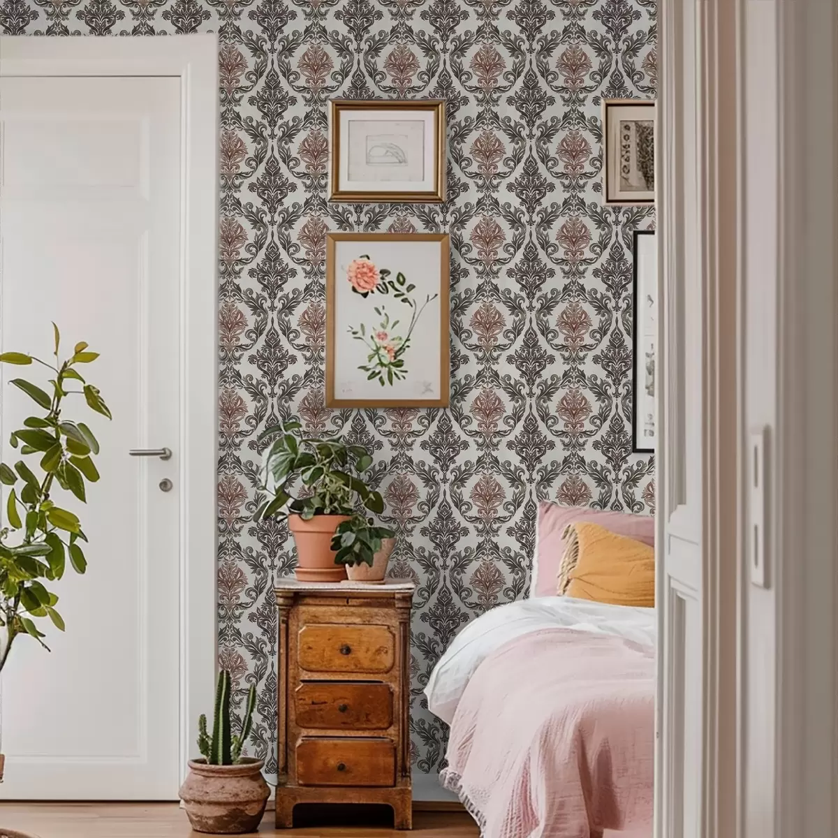 Papier peint Damas avec des accents brun cuivré sur fond clair a00828v4