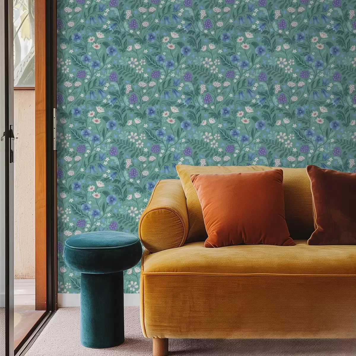 Papel pintado Flores silvestres y bayas sobre un suave fondo menta a00849