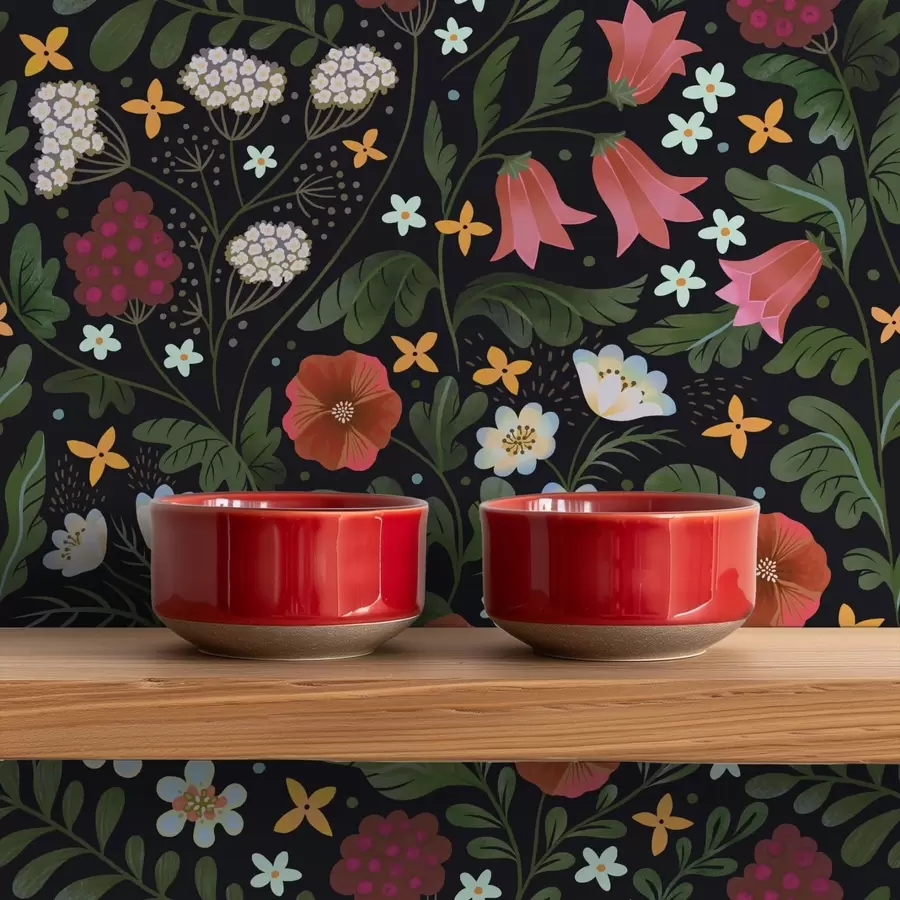 murales Flores silvestres y bayas sobre fondo negro intenso a00849v3