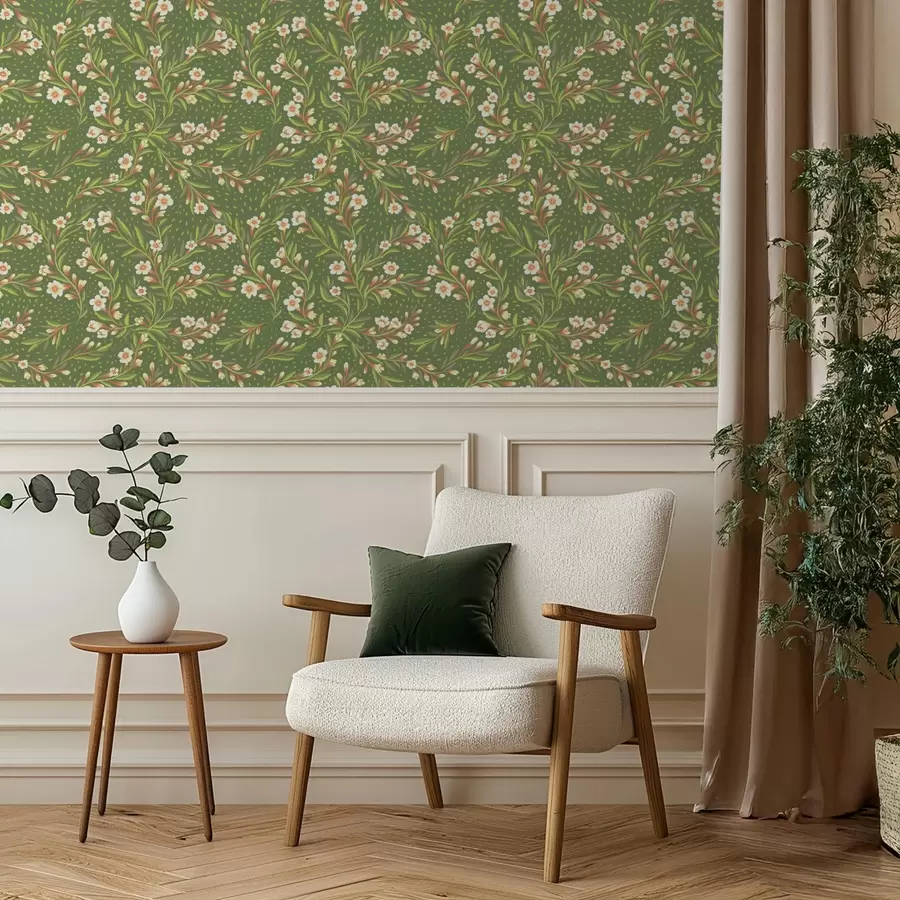 Wall Mural Photo Wallpaper Sweeping branches with cream flowers on olive background a00850