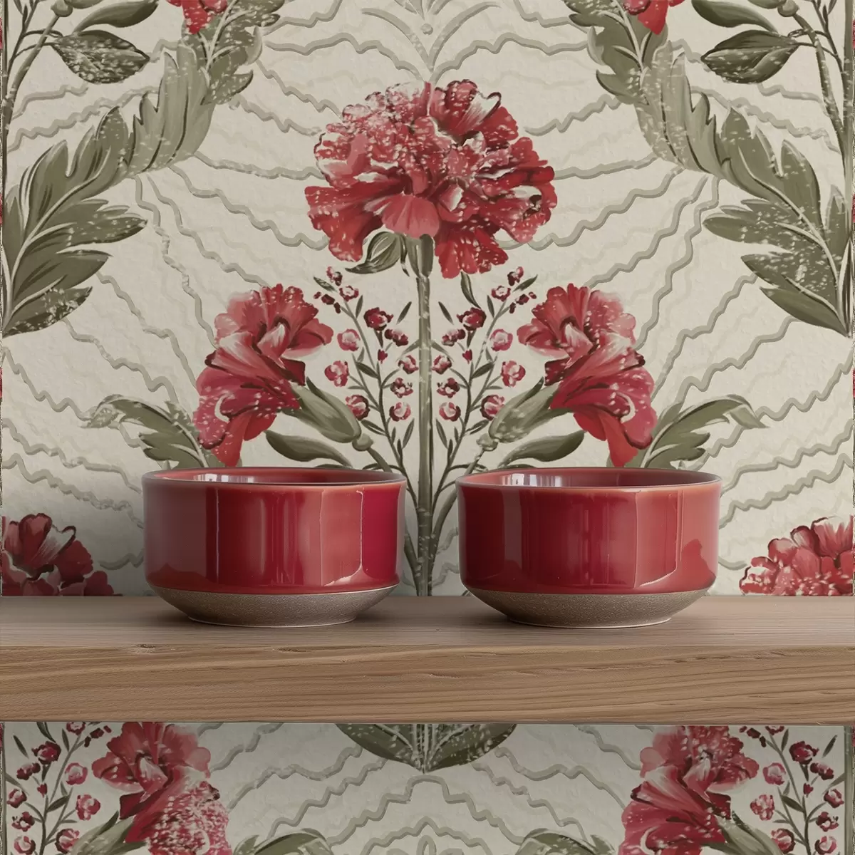 Wallpaper Large red peonies with graphic backdrop, cream ground a00857