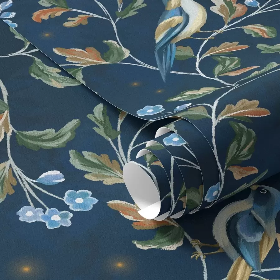 murales Tetas en ramas, fondo azul nocturno con chispas a00858