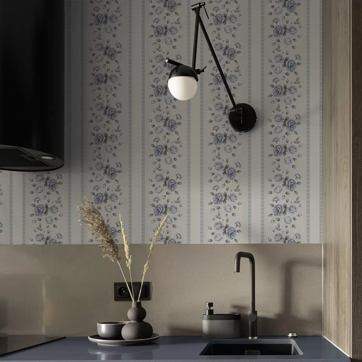 Wallpaper Blue roses in vertical bands on a light background a00860