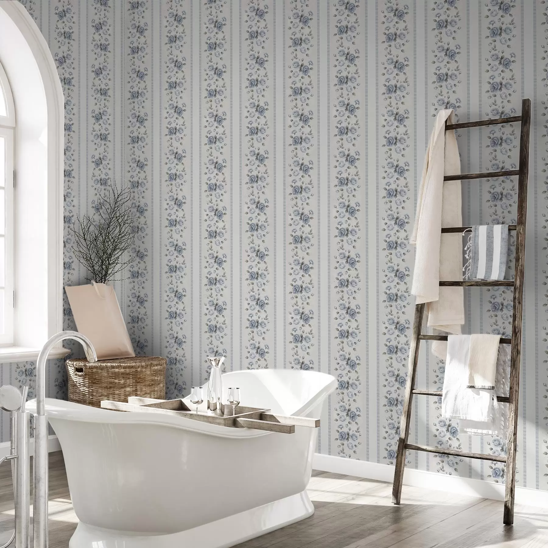 peintures murales Roses bleues disposées en bandes verticales sur fond clair a00860