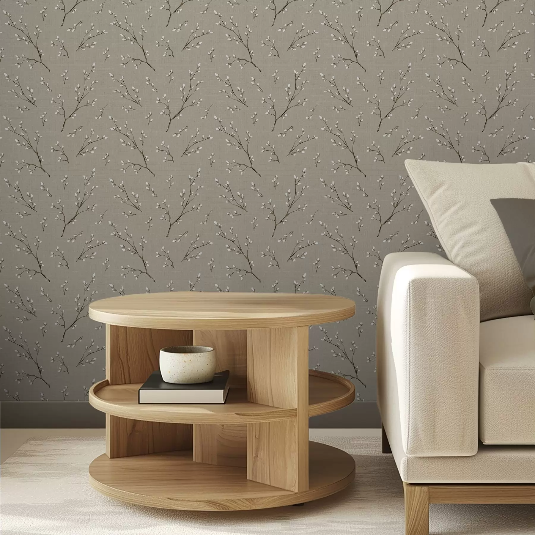 murales Ramitas con brotes blancos sobre fondo gris topo lino a00861