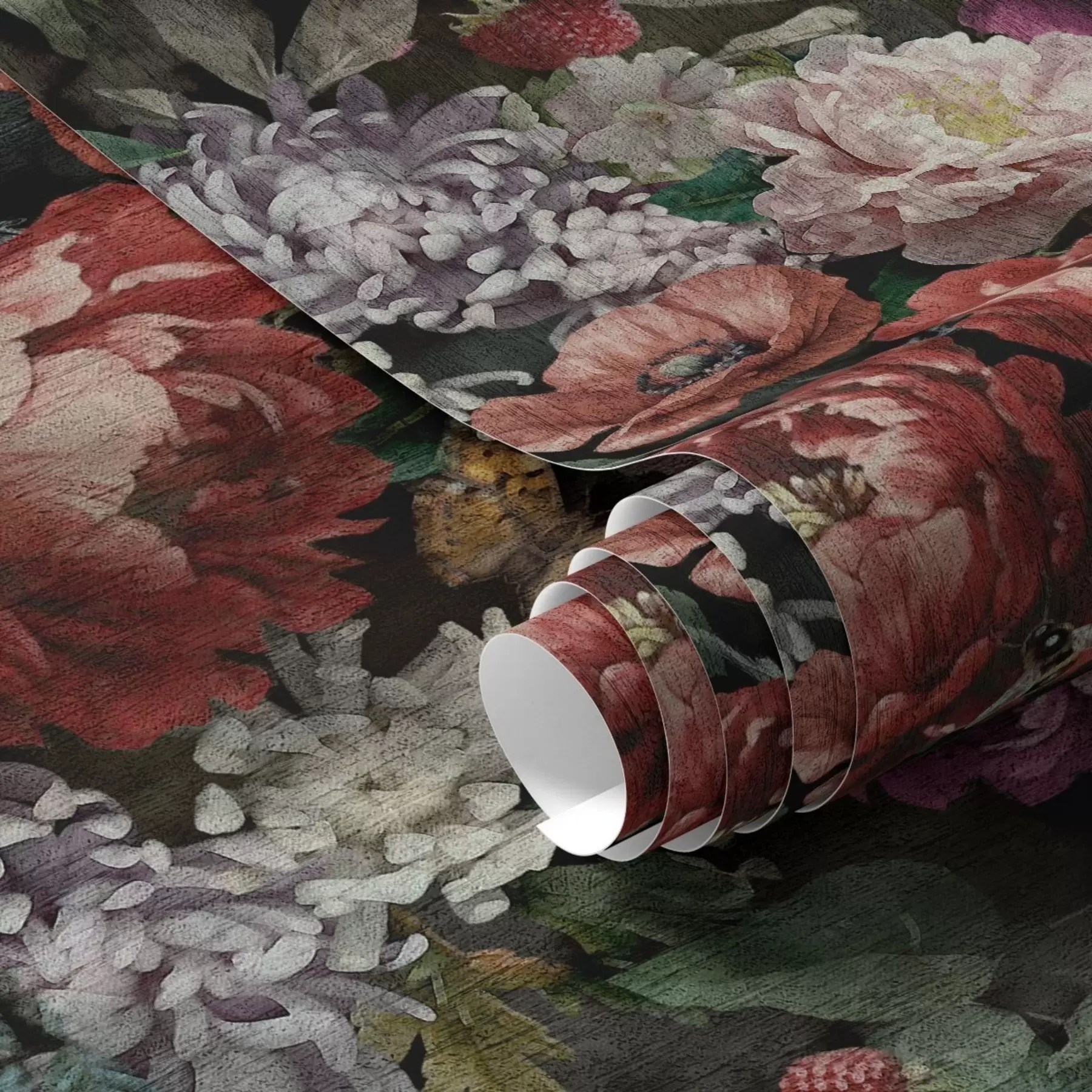 peintures murales Pivoines sombres et dramatiques, baies et papillon sur fond noir a00862