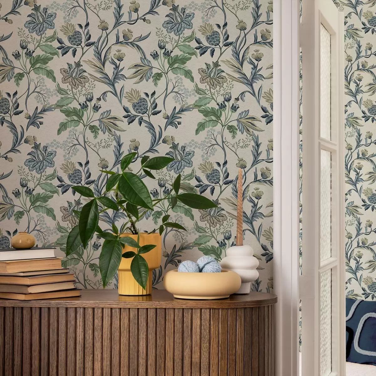 Wallpaper Blue-green folk florals and leaves on cream a00863