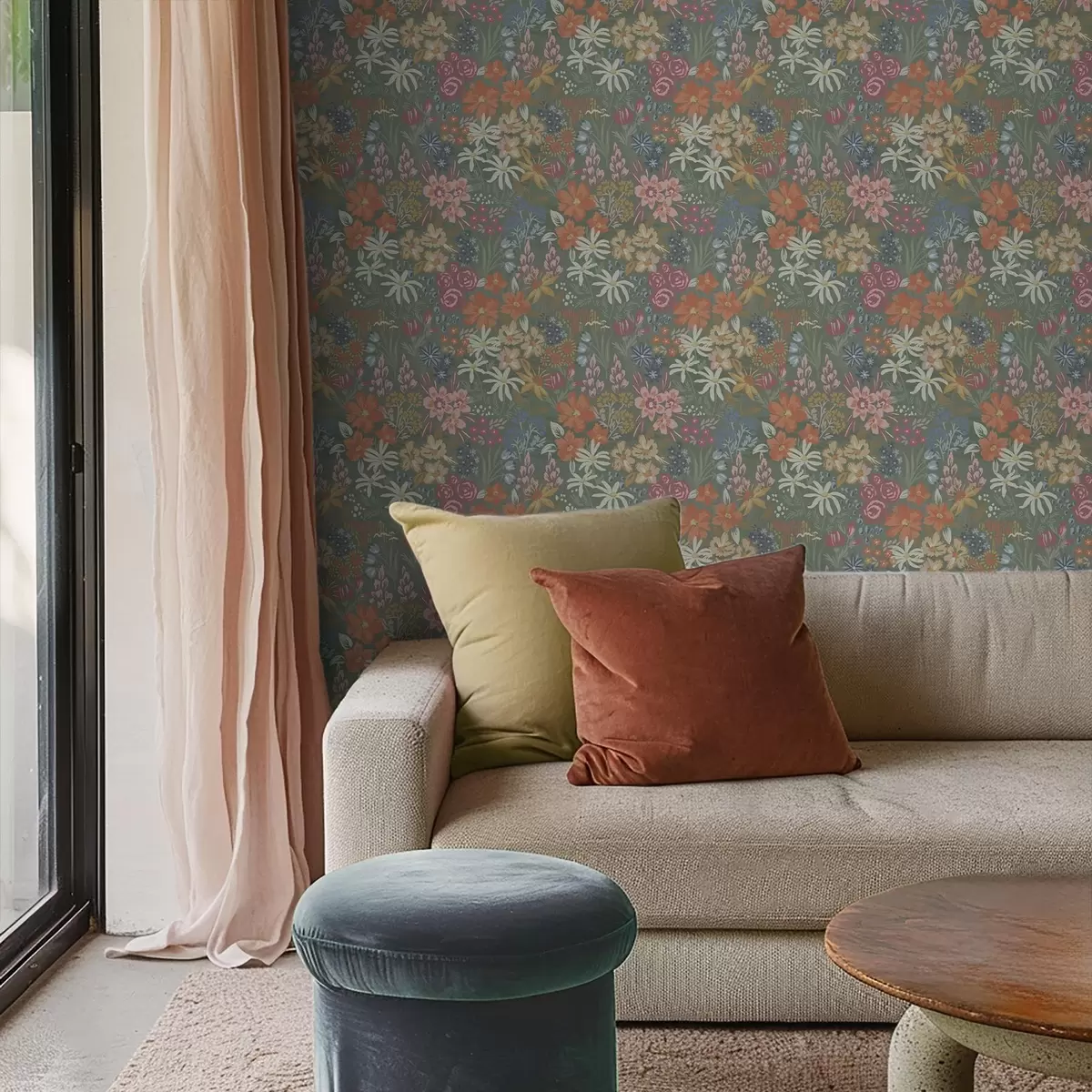 Wallpaper Painterly meadow florals on sage green a00864